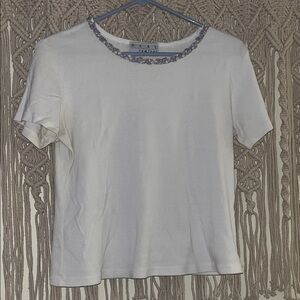 Classic Short Sleeve White Top with Beaded Crew Neck